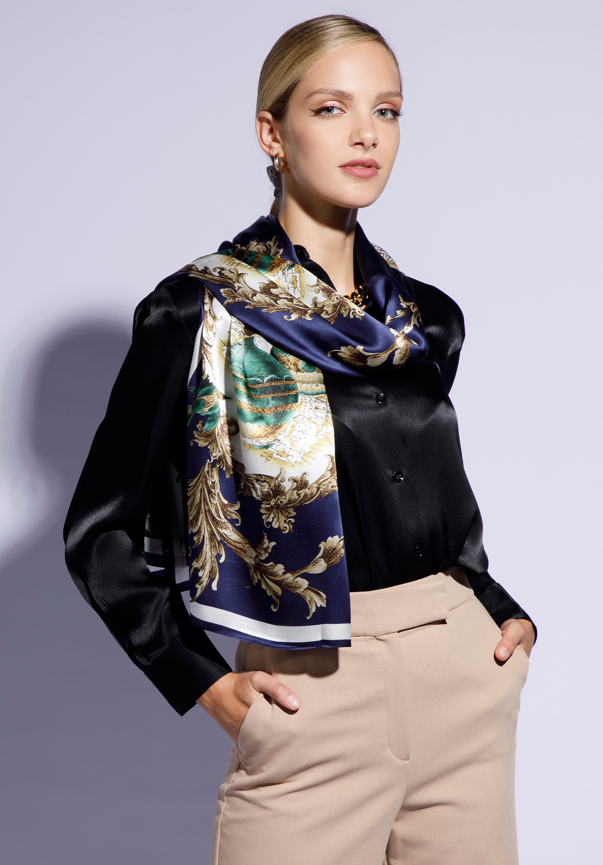 Women's silk patterned scarf, navy blue-yellow, 95-7D-S05-X2, Photo 1