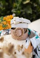 Women's leather belt with round braided buckle, beige, 98-8D-100-4-S, Photo 30