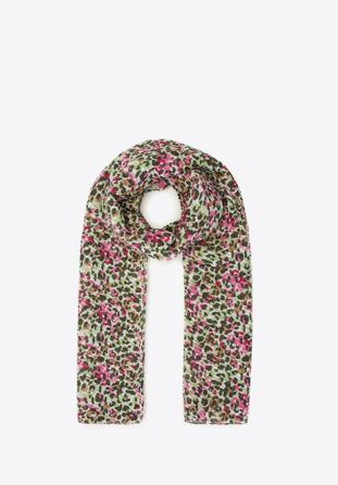 Women's scarf with plisse finish, green-pink, 94-7D-X06-3, Photo 1