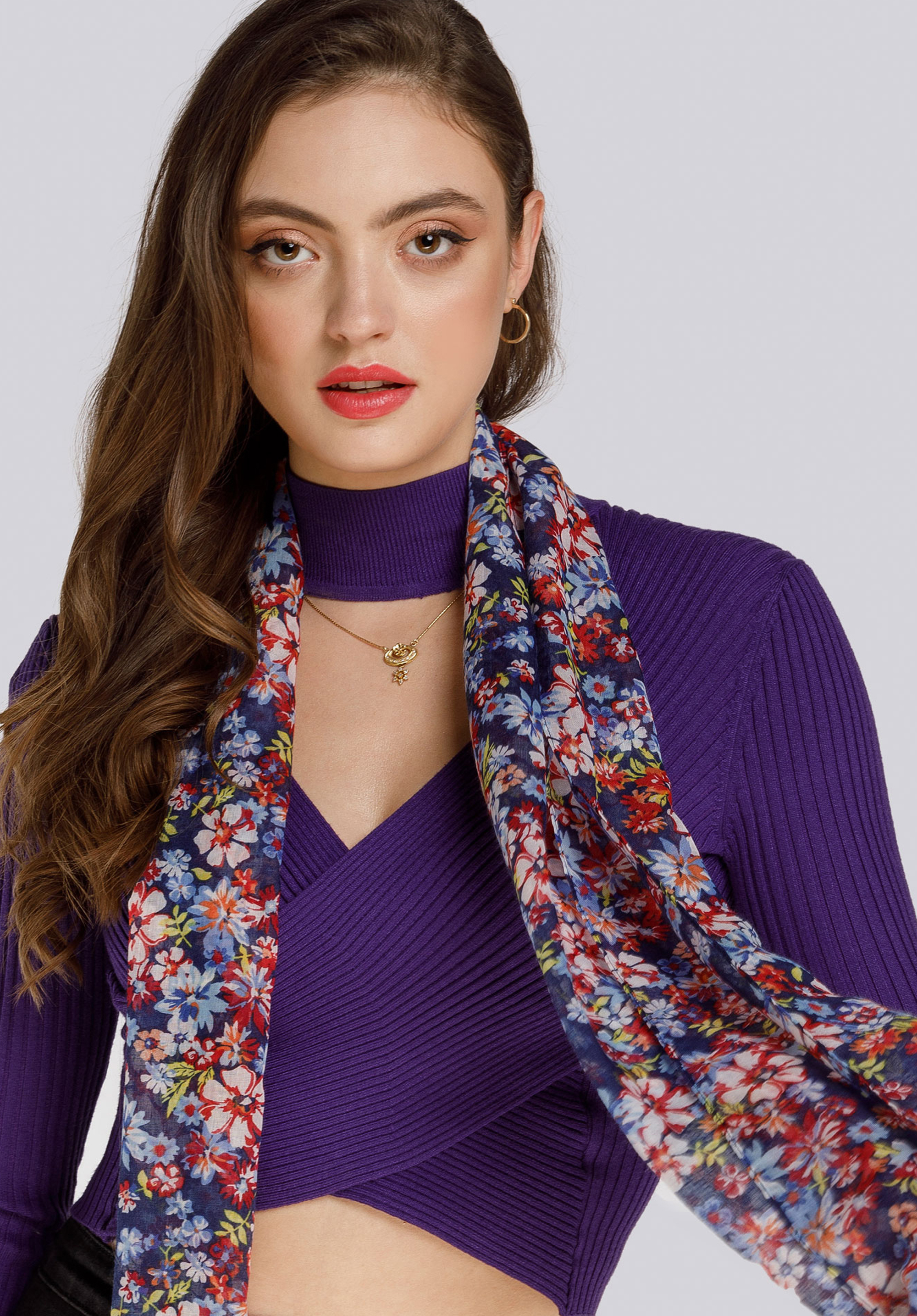 Women's patterned scarf, navy blue-red, 94-7D-X04-2, Photo 1