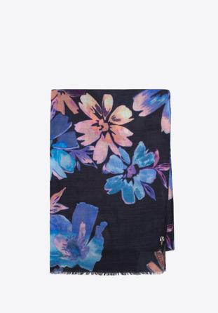 Damski szal w kwiaty z wełną, granatowo-różowy, 97-7D-X03-X1, Zdjęcie 1