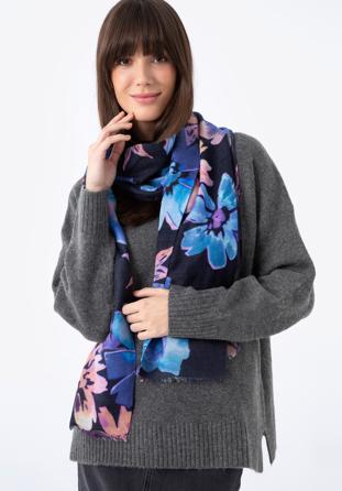 Women's floral scarf with wool, navy blue-pink, 97-7D-X03-X1, Photo 1