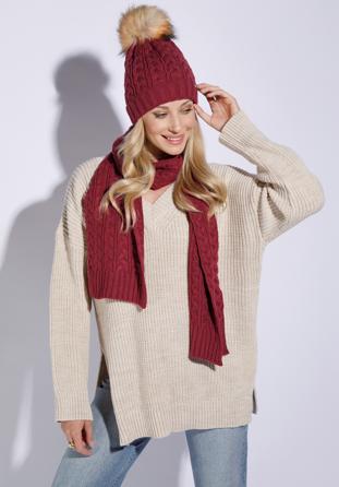 Women's cable knit scarf, burgundy, 95-7F-005-2, Photo 1