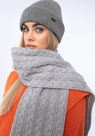 Women's cable knit scarf, grey, 97-7F-017-8, Photo 1