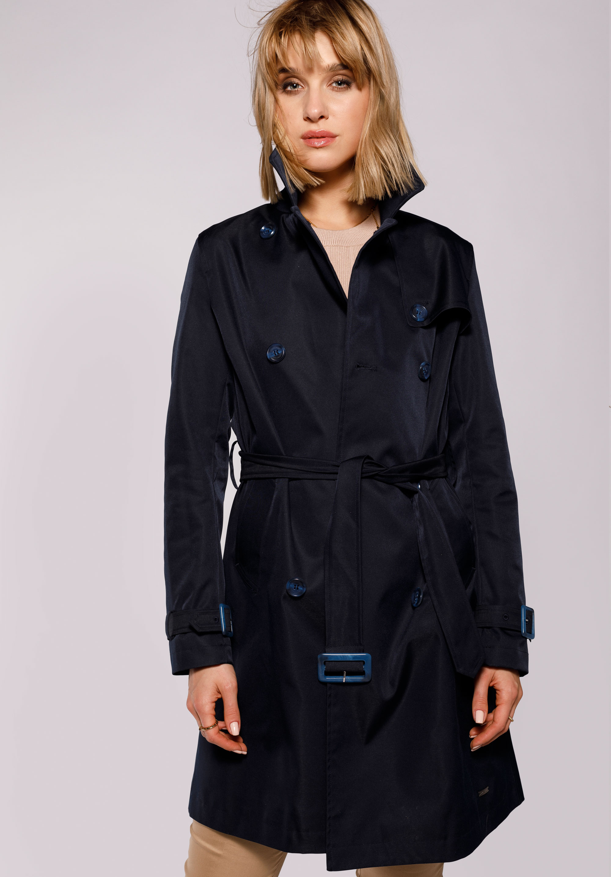 Damski trencz dwurzędowy, granatowy, 92-9N-401-7-2XL, Zdjęcie 1