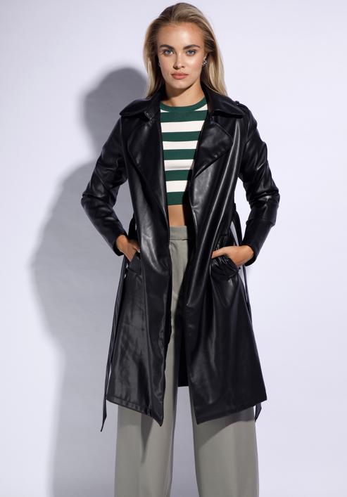 Faux leather trench coat, black, 95-9P-103-3-M, Photo 1