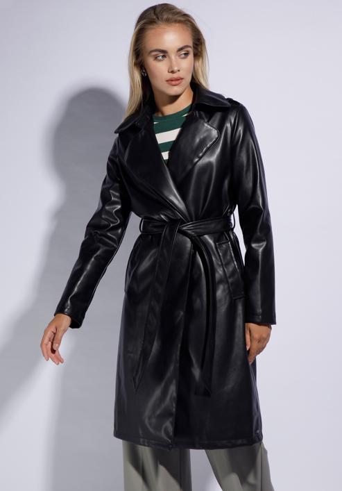Faux leather trench coat, black, 95-9P-103-0-L, Photo 2