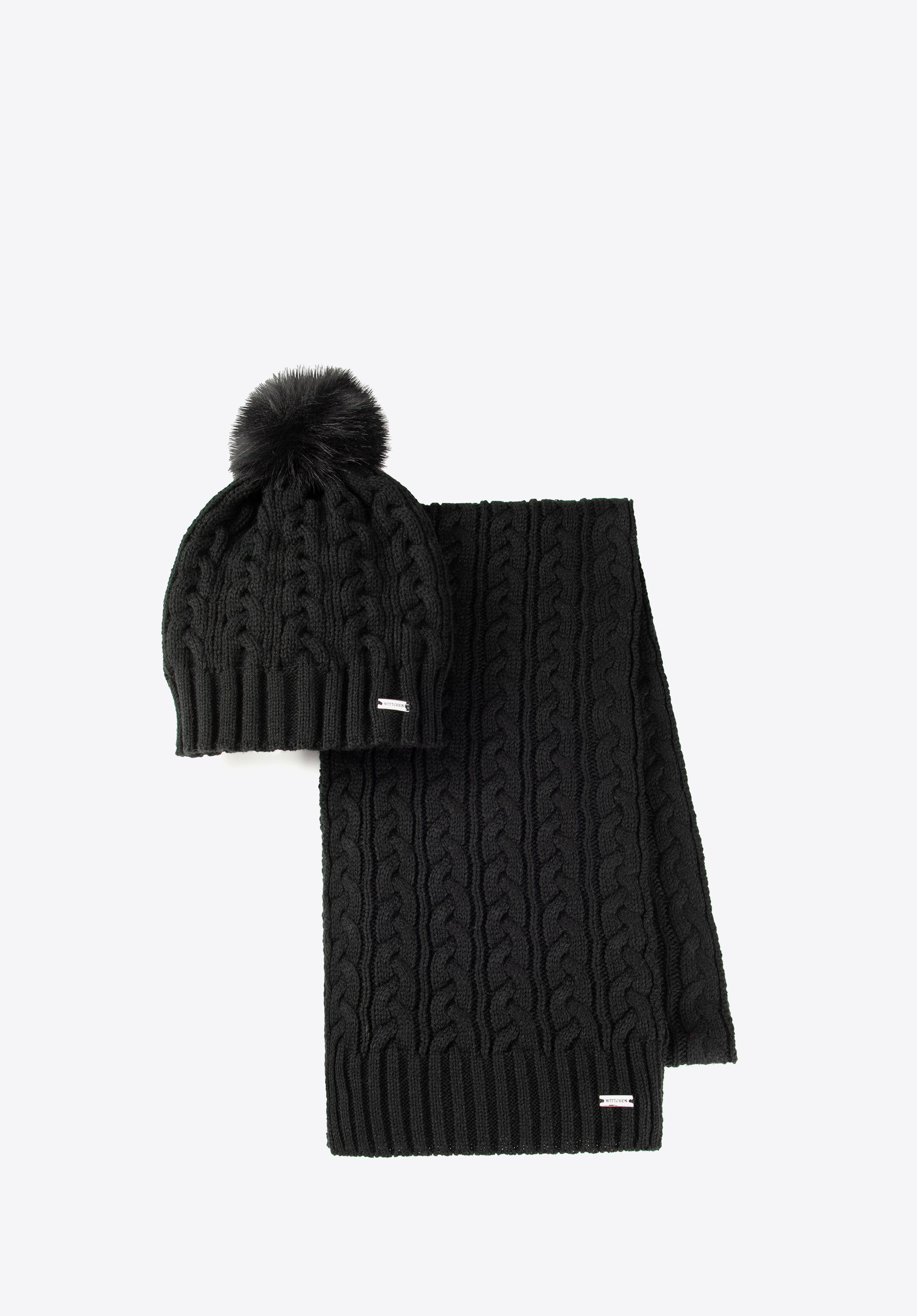 Damski zestaw zimowy czapka z pomponem i szalik, czarny, 103-SF-109-1, Zdjęcie 1
