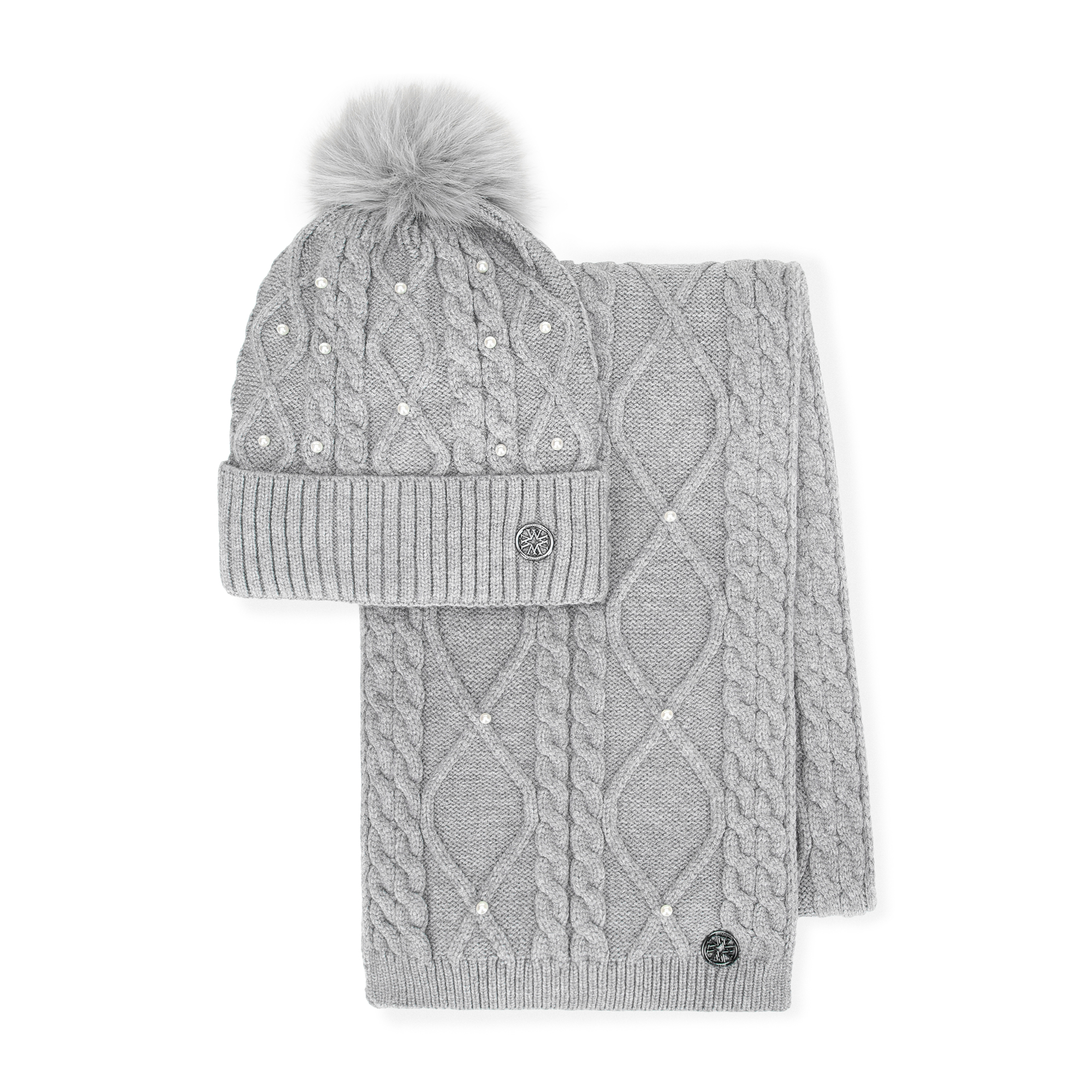 Dámsky zimný set – čiapka s brmbolcom a perličkami + pletený šál 101-SF-023-8