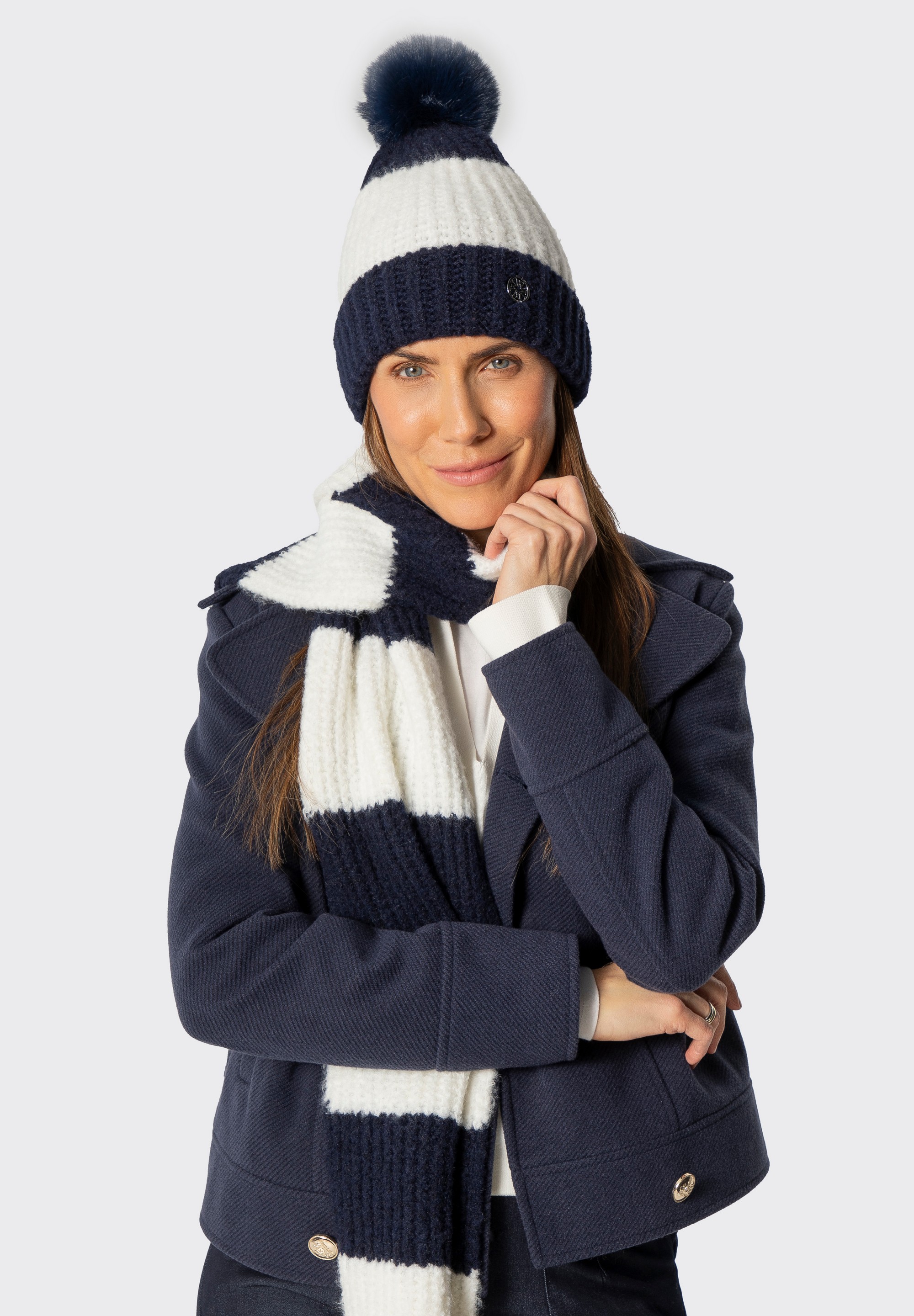Damski zestaw zimowy z dodatkiem wełny, kremowo-granatowy, 101-SF-210-0N, Zdjęcie 1