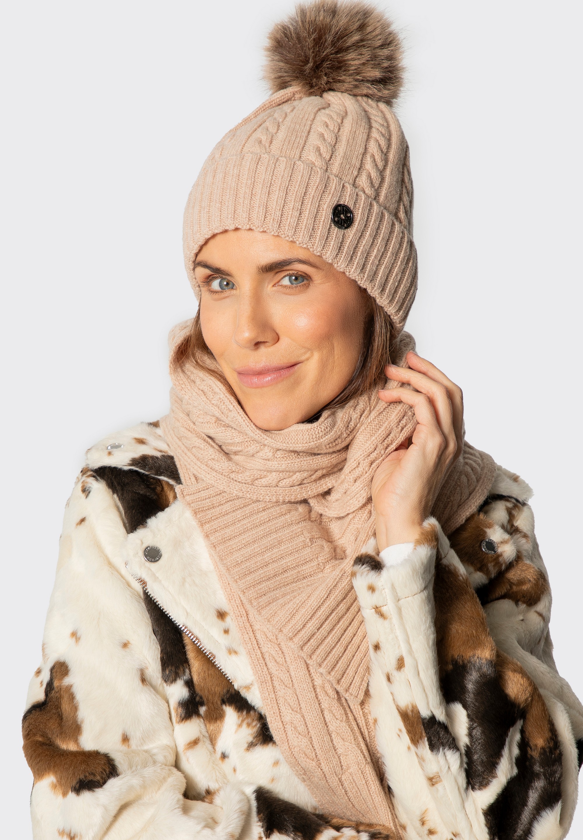 Damski zestaw zimowy z wełną, beżowy, 101-SF-500-9, Zdjęcie 1