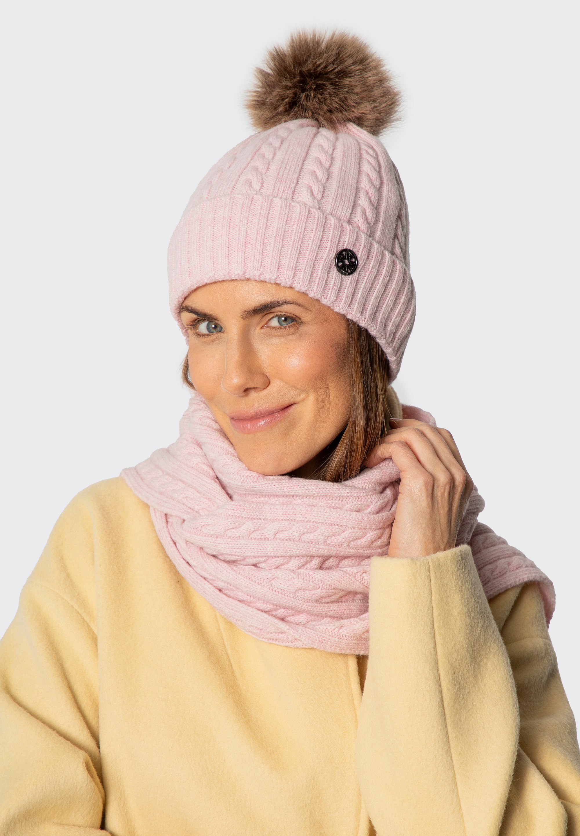 Damski zestaw zimowy z wełną, różowy, 101-SF-500-P, Zdjęcie 1