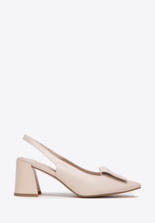 Women's beige leather slingback shoes with monogram detail