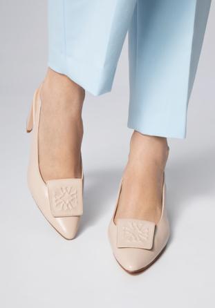 Women's beige leather slingback shoes with monogram detail