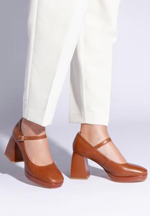 Chunky high heeled Mary - Jane shoes, brown, 96-D-506-5-35, Photo 1