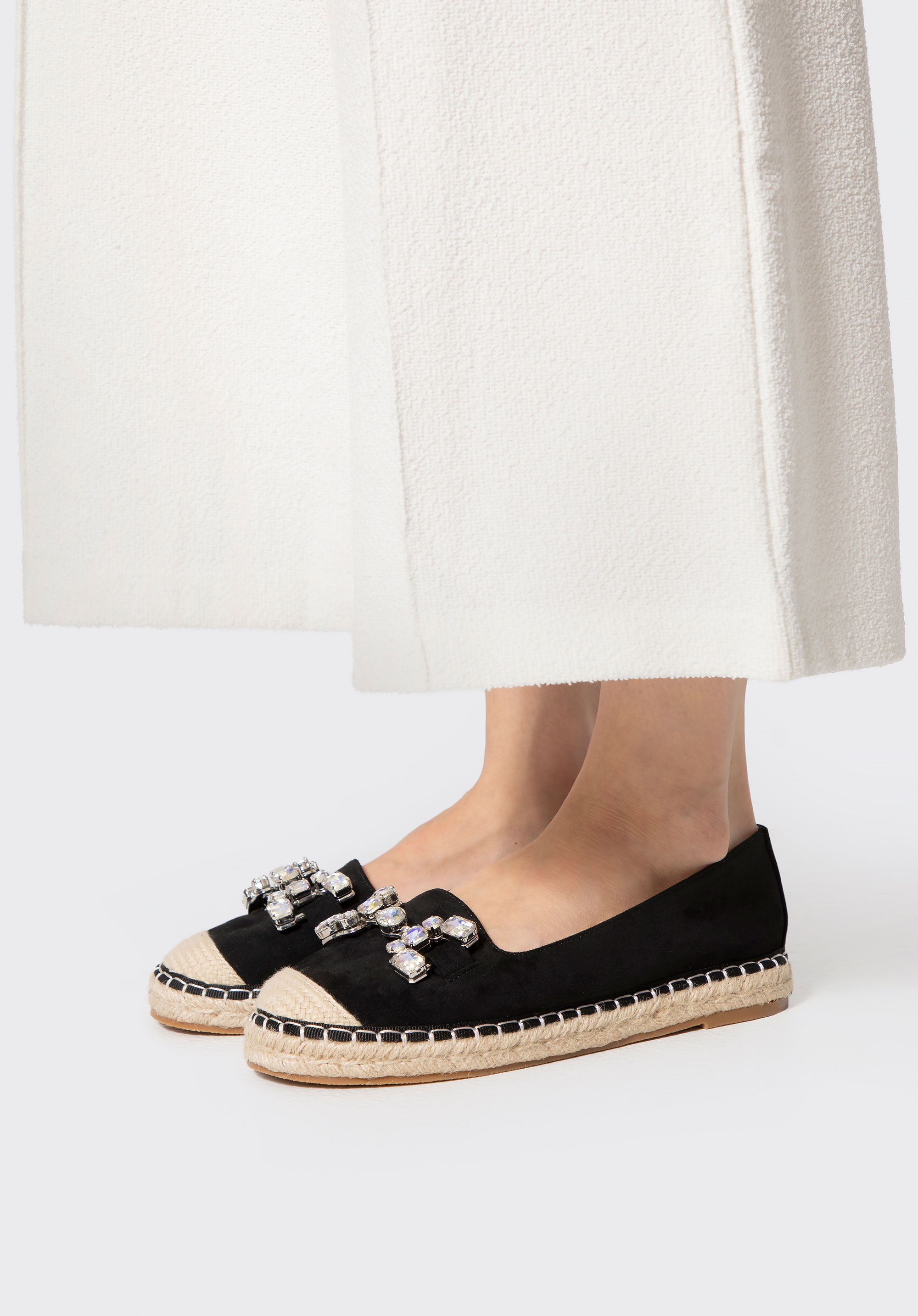 Women's espadrilles with jewel embellishment, black-beige, 100-DP-208-1-38, Photo 1