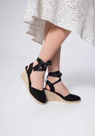 Women's ankle tie wedge cut out espadrilles, black, 98-DP-801-1-35, Photo 1