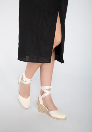 Women's cream ankle tie wedge cut out espadrilles