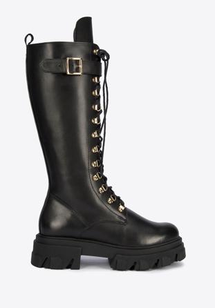 Leather platform combat boots, black-gold, 95-D-800-1-38, Photo 1