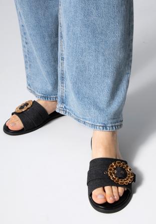 Women's denim sliders with a shiny buckle, black, 98-DP-200-1-37, Photo 1