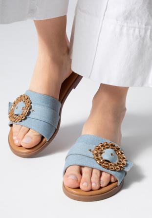Women's denim sliders with a shiny buckle