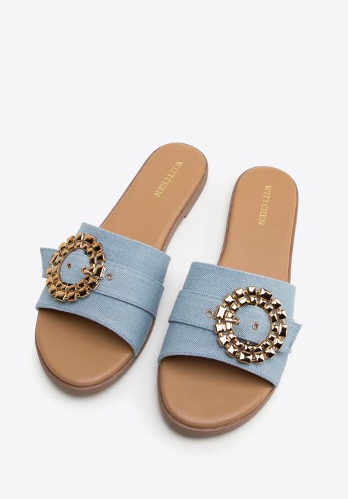 Women's denim sliders with a shiny buckle, blue, 98-DP-200-7-40, Photo 2