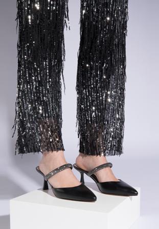 Women's leather spool heel sandals, black, 96-D-957-1-37, Photo 1