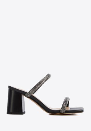 Women's leather sandals with sparkling trim straps, black, 96-D-960-1-38, Photo 1
