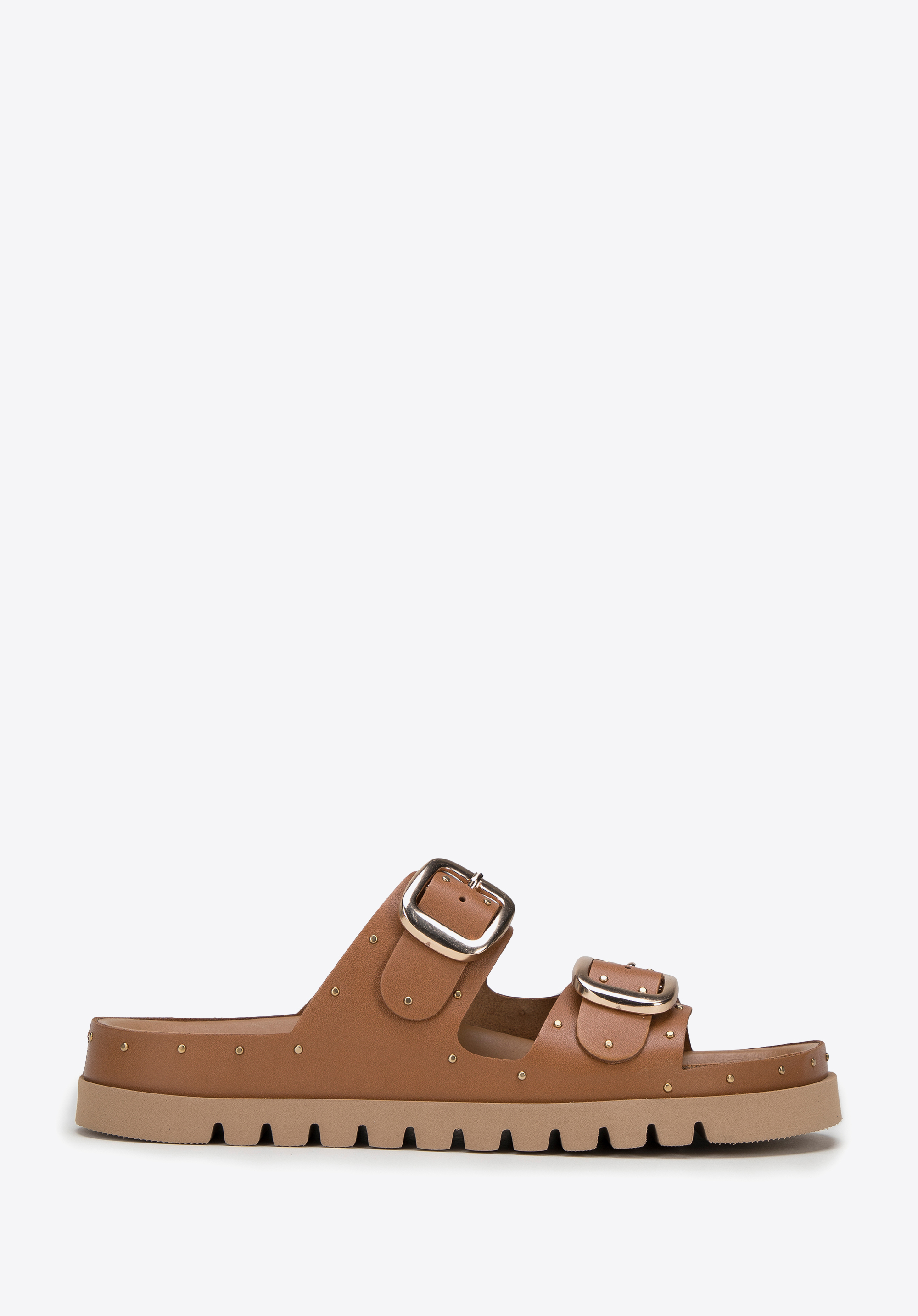 Damskie klapki skórzane z drobnymi nitami na platformie, brązowy, 98-D-500-5-35, Zdjęcie 1