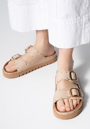 Women's beige leather platform slider sandals with small studs