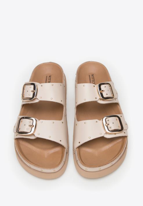 Women's leather platform slider sandals with small studs, beige, 98-D-500-5-40, Photo 3