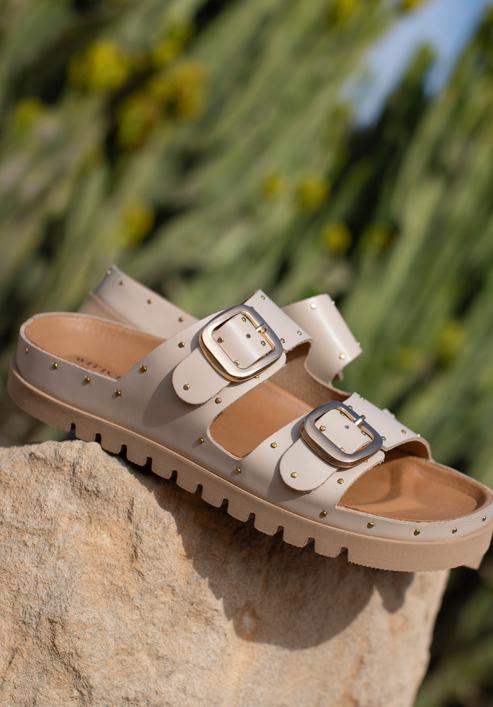 Women's leather platform slider sandals with small studs, beige, 98-D-500-5-36, Photo 30