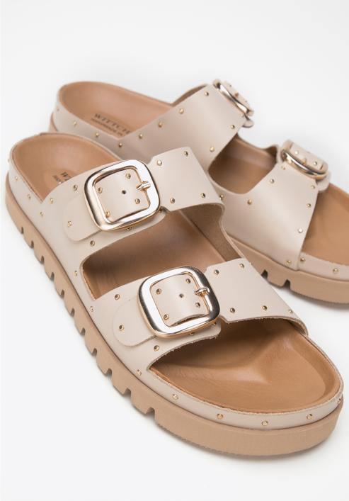 Women's leather platform slider sandals with small studs, beige, 98-D-500-5-39, Photo 7