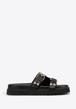 Women's leather platform slider sandals with decorative stud details, black, 98-D-969-1-35, Photo 1