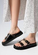 Women's leather platform slider sandals with decorative stud details, black, 98-D-969-1-37, Photo 15