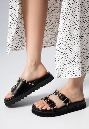 Women's black leather platform slider sandals with decorative stud details