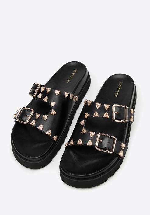 Women's leather platform slider sandals with decorative stud details, black, 98-D-969-1-37, Photo 2