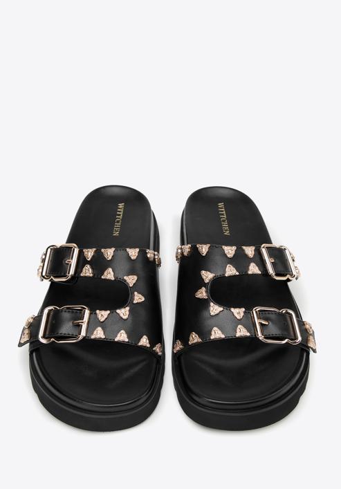 Women's leather platform slider sandals with decorative stud details, black, 98-D-969-1-39, Photo 3