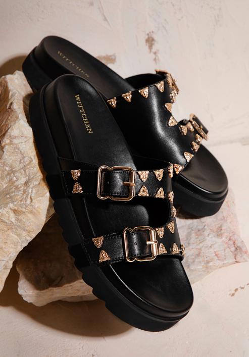 Women's leather platform slider sandals with decorative stud details, black, 98-D-969-1-36, Photo 35