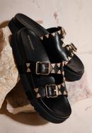 Women's leather platform slider sandals with decorative stud details, black, 98-D-969-1-41, Photo 35