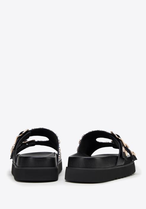 Women's leather platform slider sandals with decorative stud details, black, 98-D-969-1-37, Photo 4