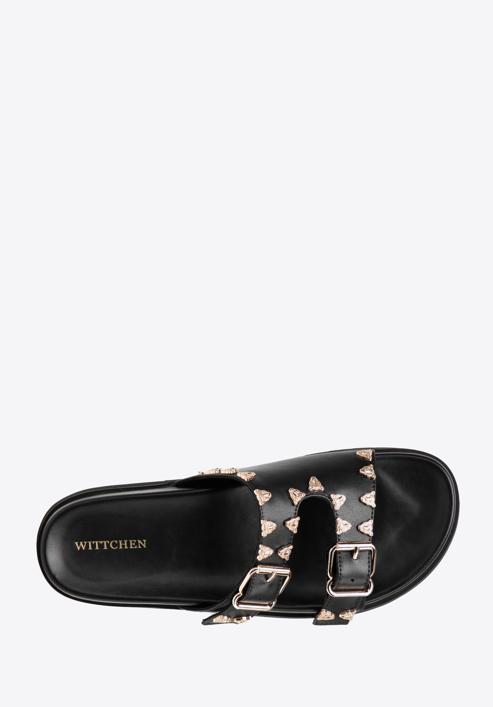 Women's leather platform slider sandals with decorative stud details, black, 98-D-969-1-36, Photo 5