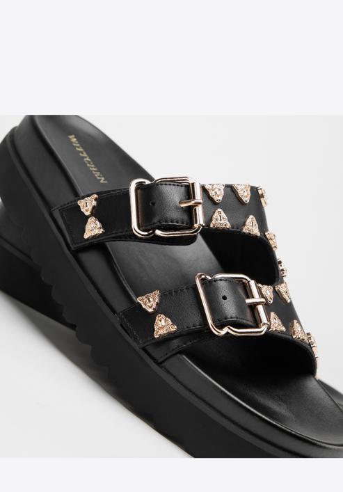 Women's leather platform slider sandals with decorative stud details, black, 98-D-969-1-37, Photo 7