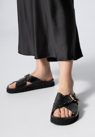 Women's leather sandals with crisscross straps and small studs, black, 98-D-502-1-39, Photo 1