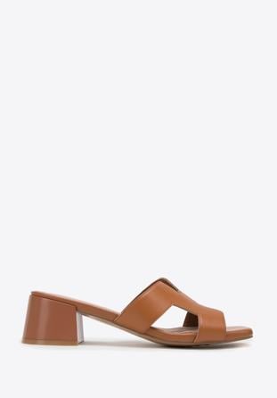 Women's brown block heel sandals with 'H' cut-out