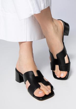 Women's block heel sandals with 'H' cut-out, black, 98-D-974-1-38, Photo 1