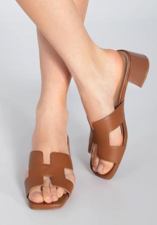Women's brown block heel sandals with 'H' cut-out