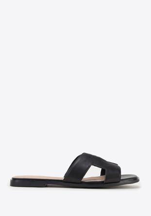 Women's black leather sandals with 'H' cut-out