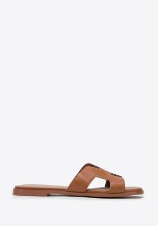 Women's brown leather sandals with 'H' cut-out