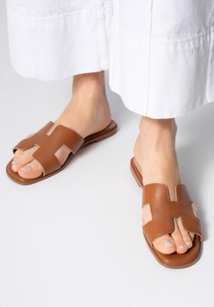 Women's brown leather sandals with 'H' cut-out